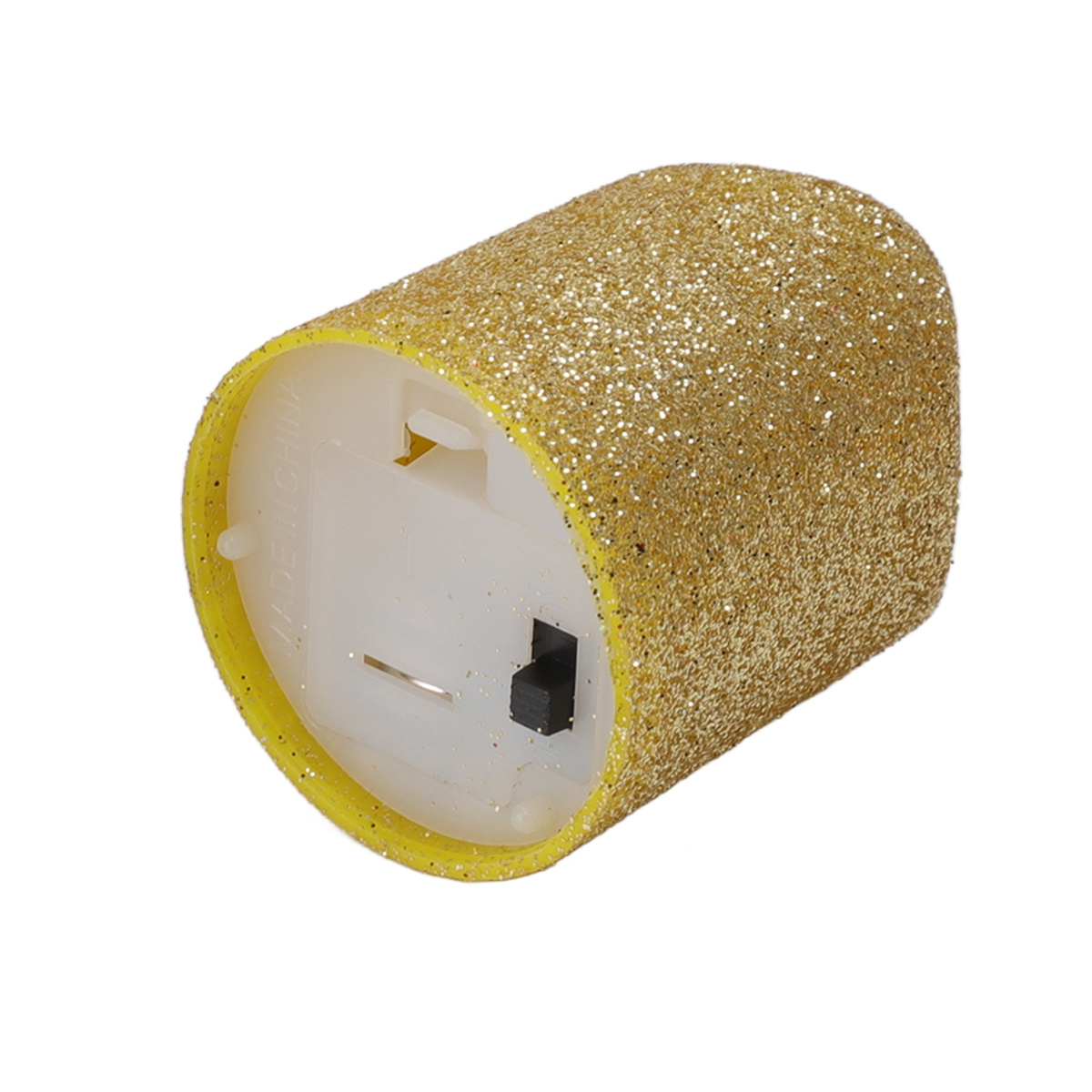 Goldener Glitzerkerze. Gelber Rand und schwarzer Schalter. Innen ein weißes Kunststoffteil.