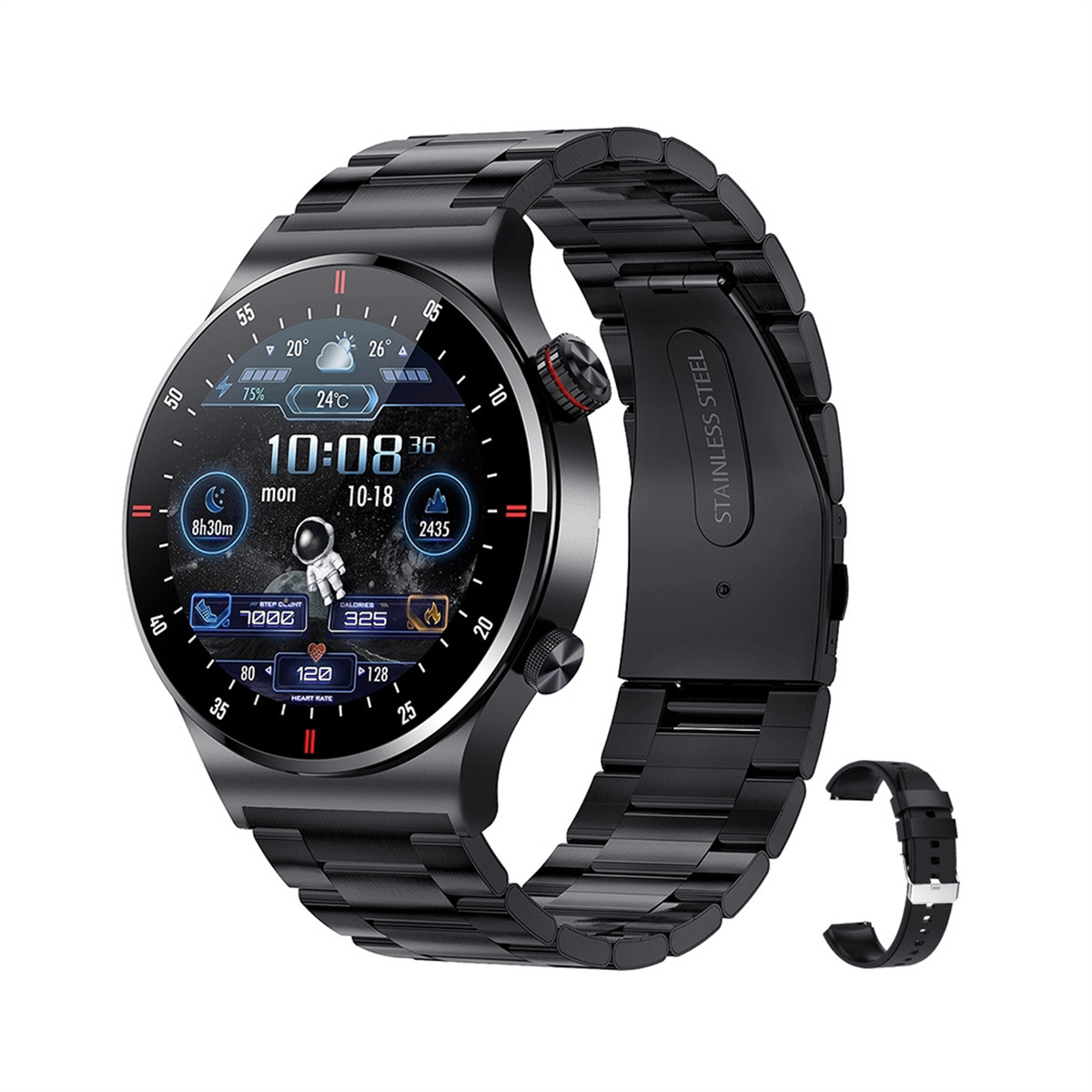 Schwarze Smartwatch mit Edelstahlarmband. Zeigt Zeit, Datum und Gesundheitsdaten.