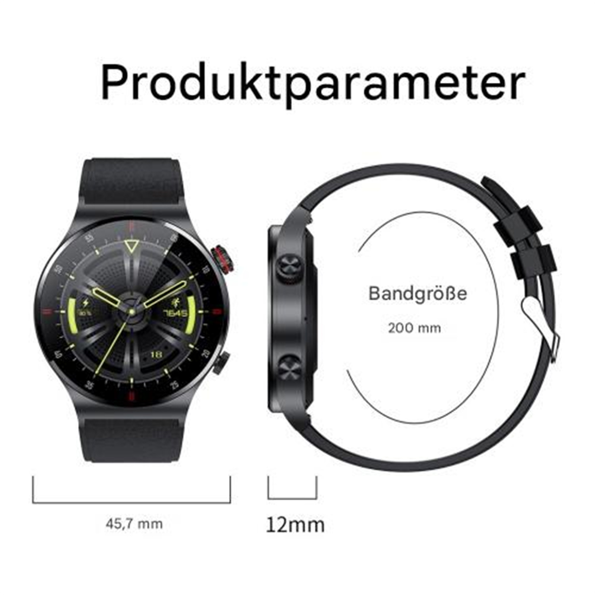 Schwarze Smartwatch mit Seiten- und Draufsicht, zeigt Abmessungen: 45,7 mm x 12 mm.