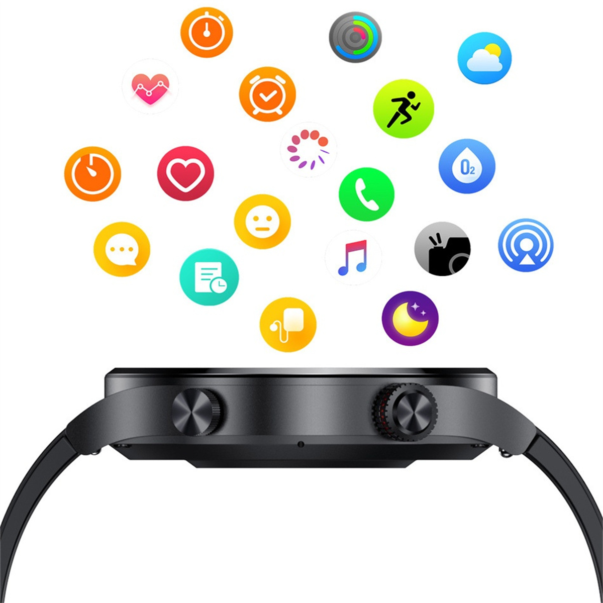 Schwarze Smartwatch mit verschiedenen App-Symbolen auf weißem Hintergrund.