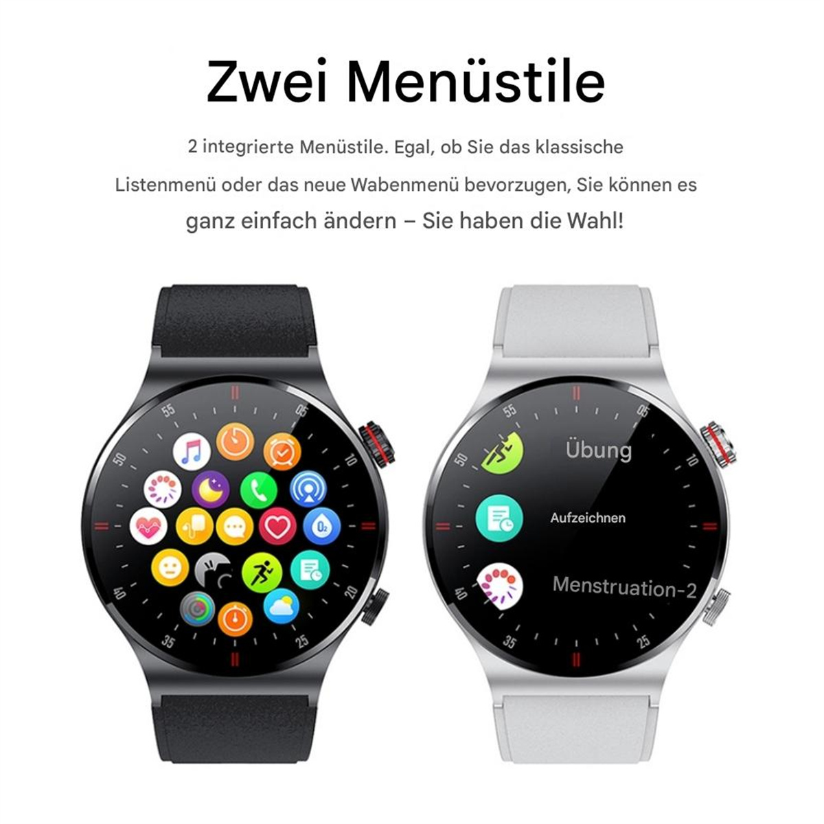 Zwei Smartwatches mit unterschiedlichen Oberflächen. Eine zeigt App-Symbole, die andere Fitnessinfo.