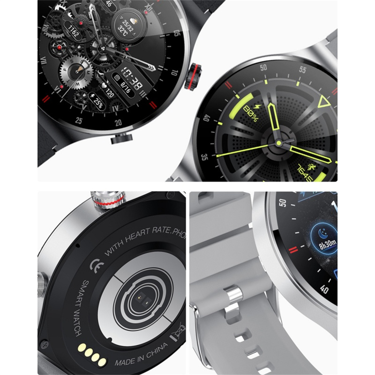 Vier Bilder, die Details einer Smartwatch zeigen, einschließlich Zifferblatt, Rückseite und Bandverbindungen.
