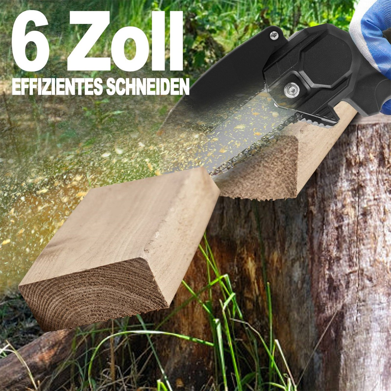 Eine Kettensäge schneidet ein Stück Holz, wobei Sägemehl fliegt.