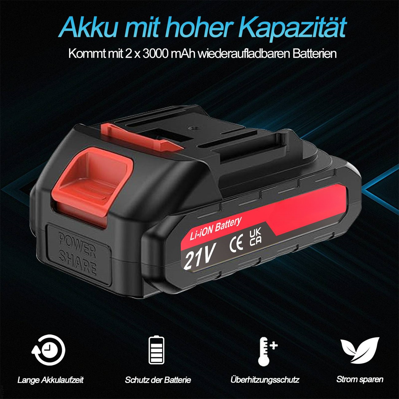 Schwarzes und rotes Akku-Pack mit Power-Share- und Batterieschutzsymbolen.
