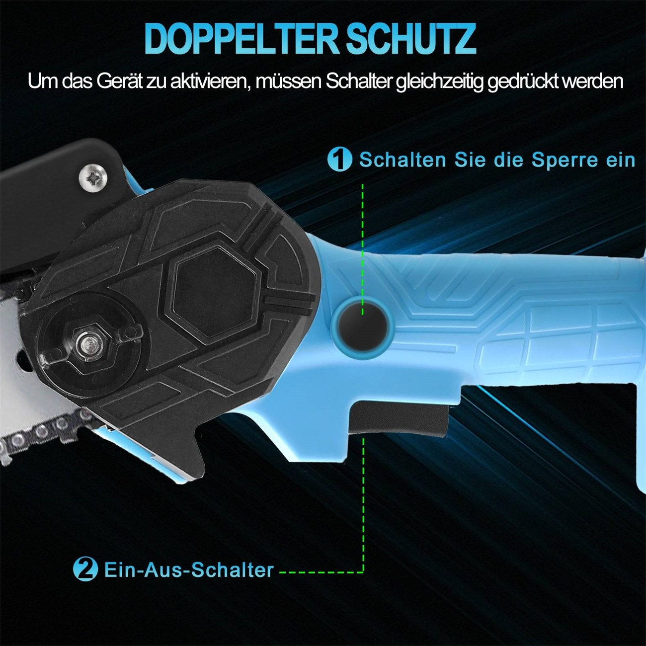 Blaue und schwarze Kettensäge mit Text und Etiketten. Zeigt den Sicherheitsmechanismus und den Netzschalter.