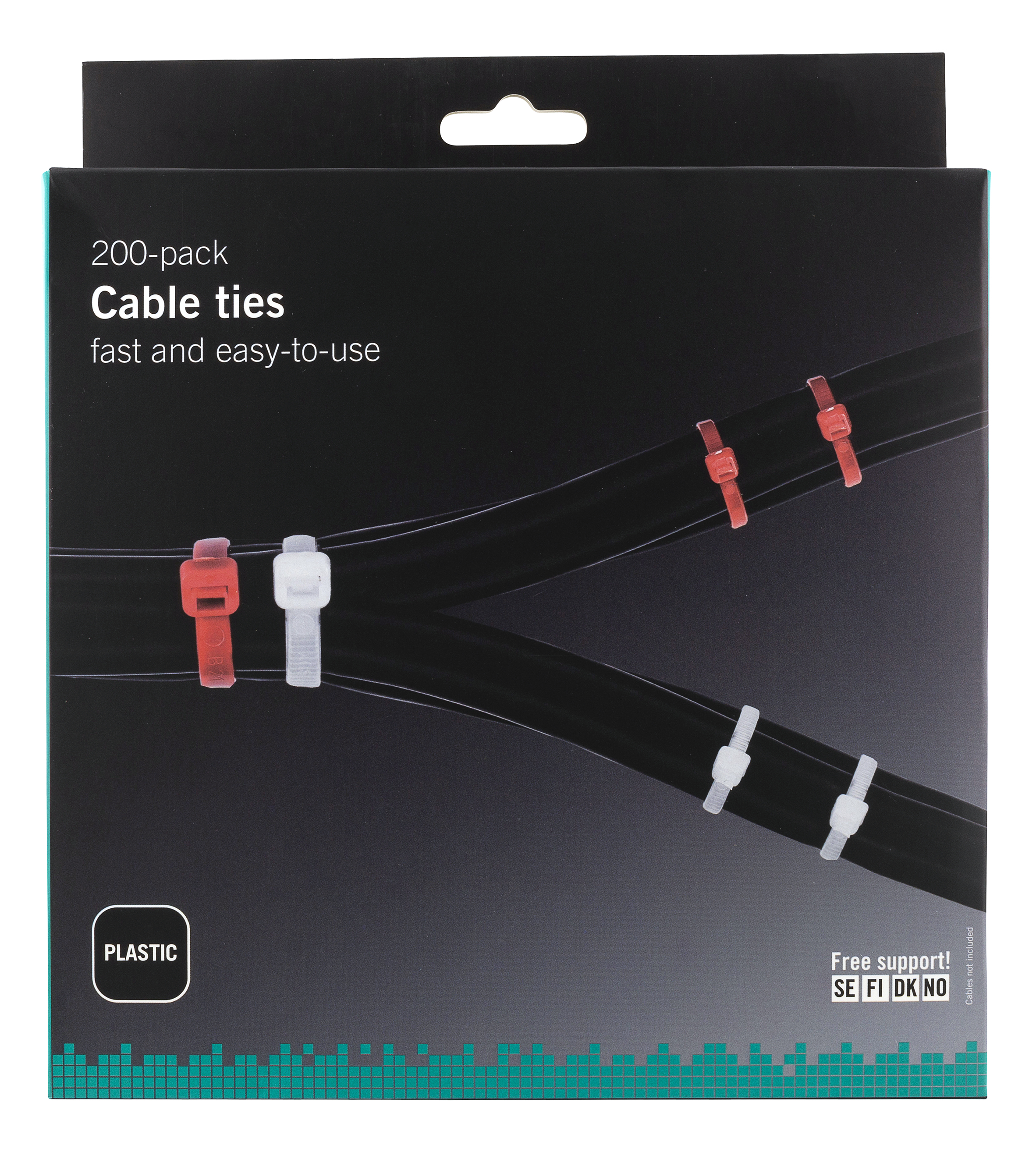 Kabelbinder in einer Box mit Produktdetails. Einige Binder sind an schwarzen Kabeln befestigt.