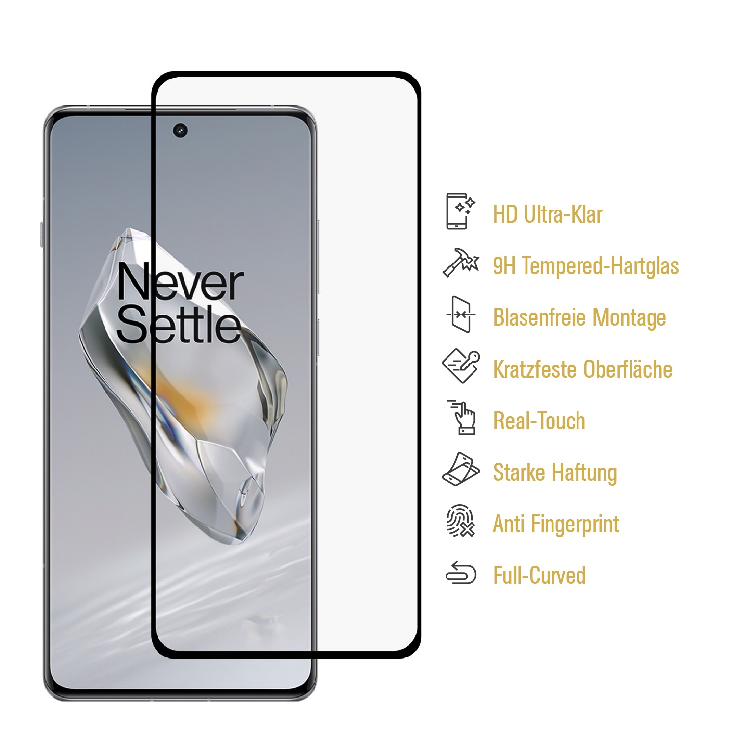 Ein Smartphone mit Displayschutz und Funktionssymbolen. Text: 'Never Settle'.