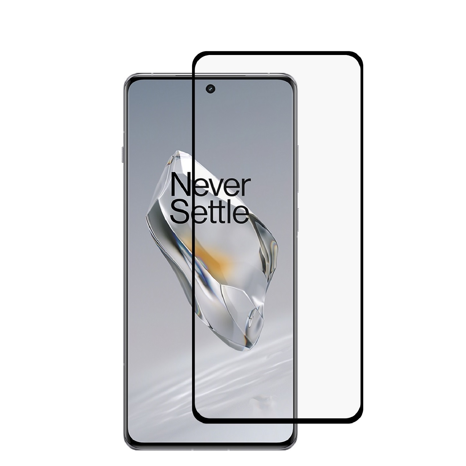 Ein Mobiltelefon mit Displayschutz. Der Bildschirm zeigt die Worte "Never Settle".