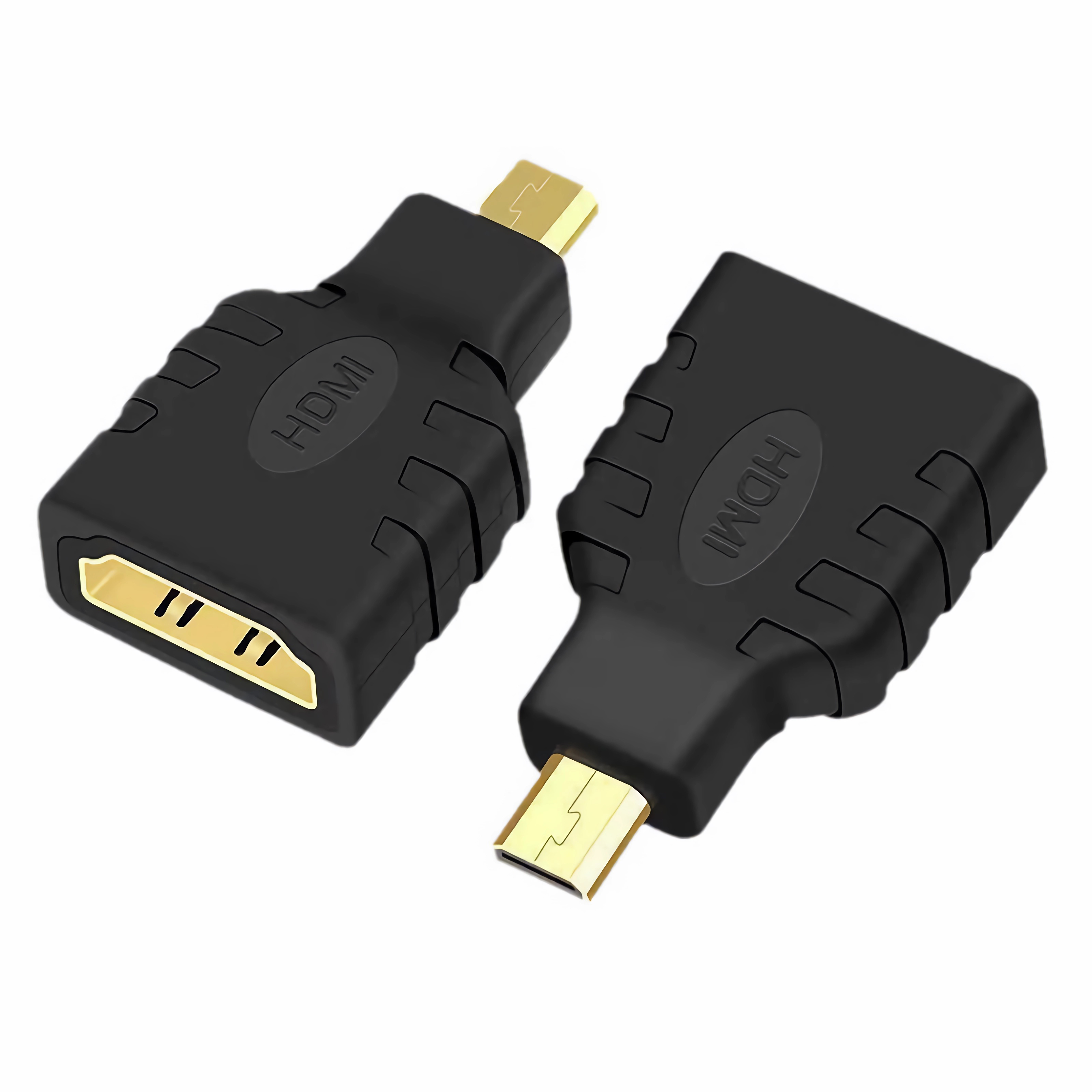 Zwei schwarze HDMI-Adapter, einer mit Buchse, der andere mit Stecker.