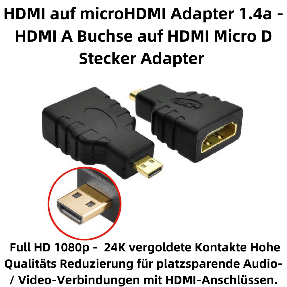 Schwarzer HDMI-Adapter mit Goldsteckern, Nahaufnahme, mit Text auf Deutsch.
