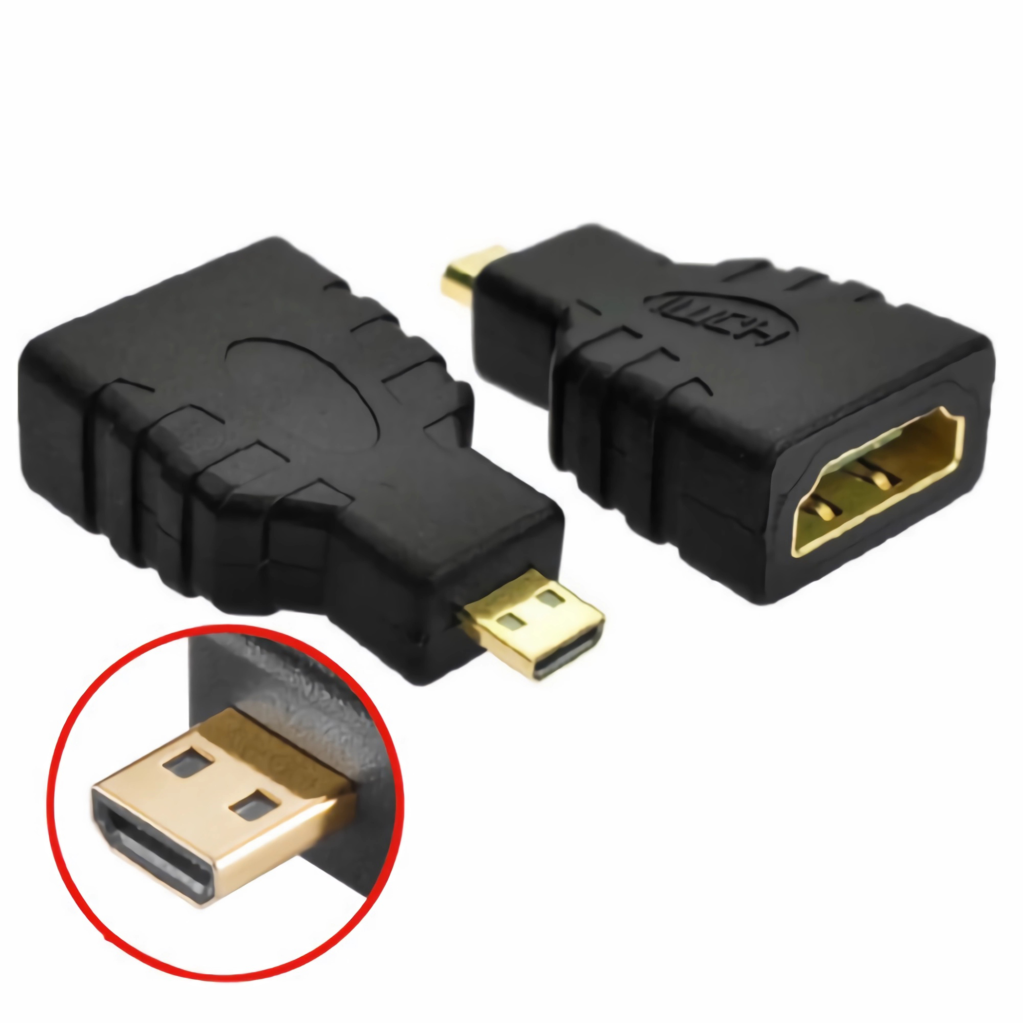Zwei schwarze HDMI-Adapter, einer mit USB-C-Anschluss, und eine Nahaufnahme eines USB-C-Anschlusses.