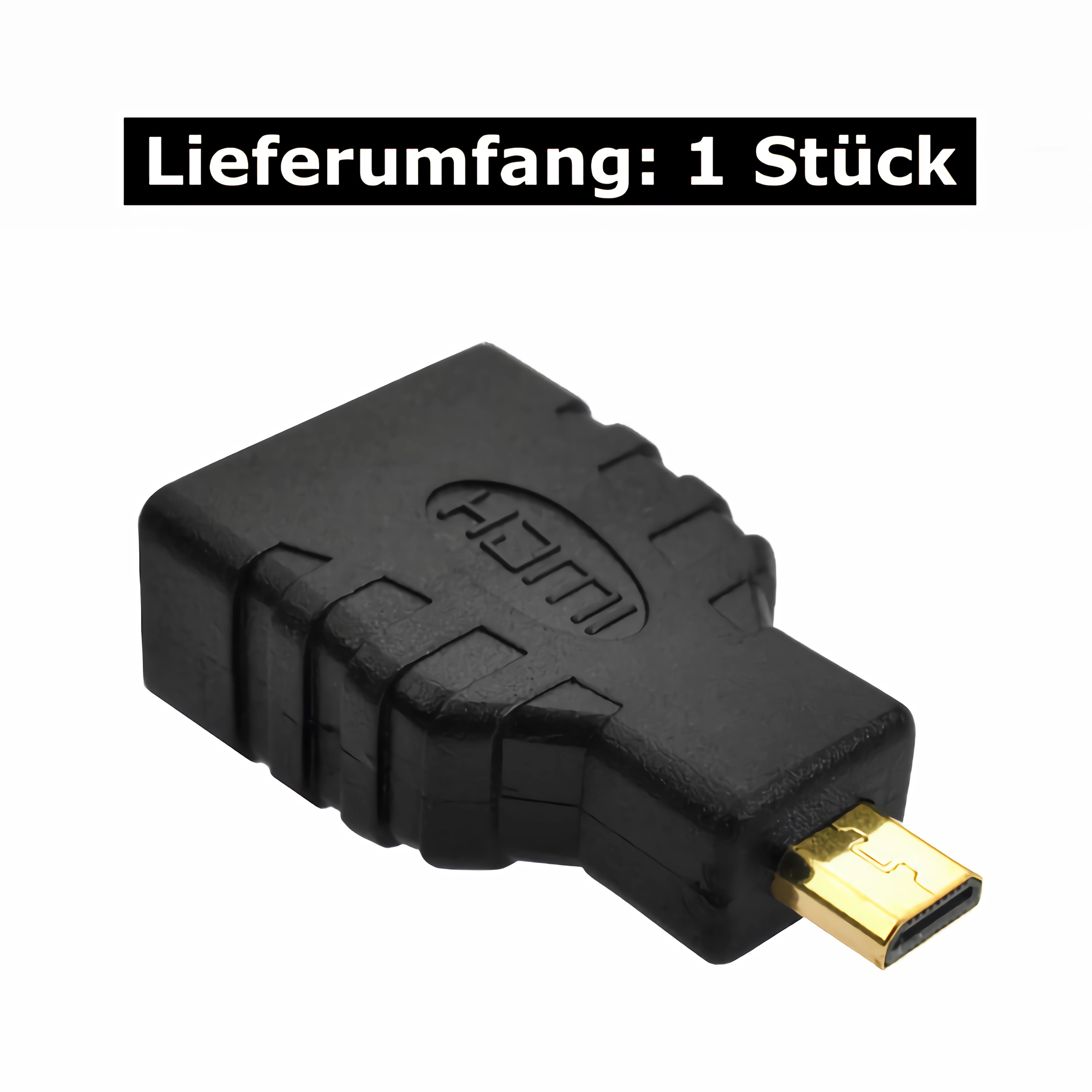 Ein schwarzer HDMI-Adapter mit goldfarbenem Stecker. Text: 'Lieferumfang: 1 Stück'.