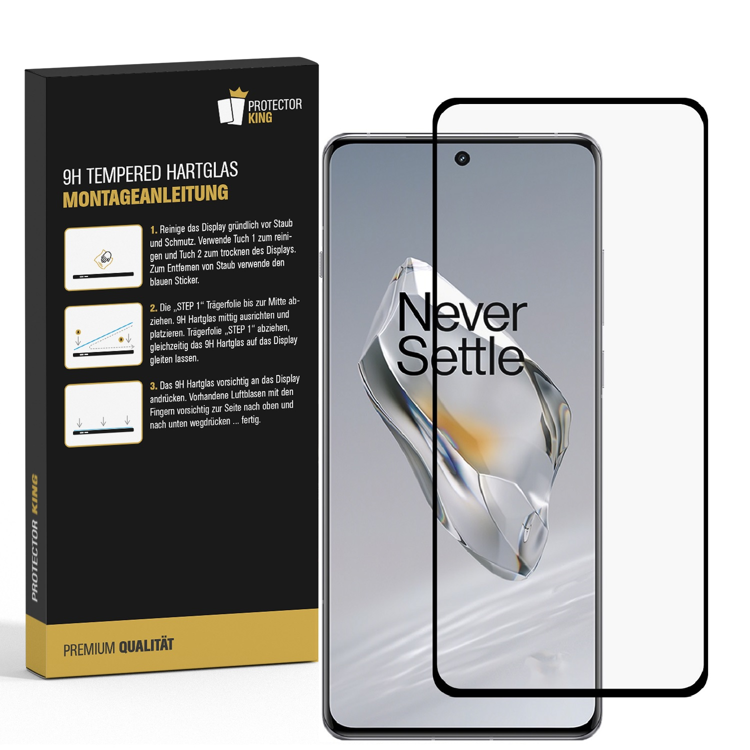 Eine Schachtel mit Panzerglas-Displayschutzfolie, ein Telefon mit Displayschutzfolie und ein Glasschutz.