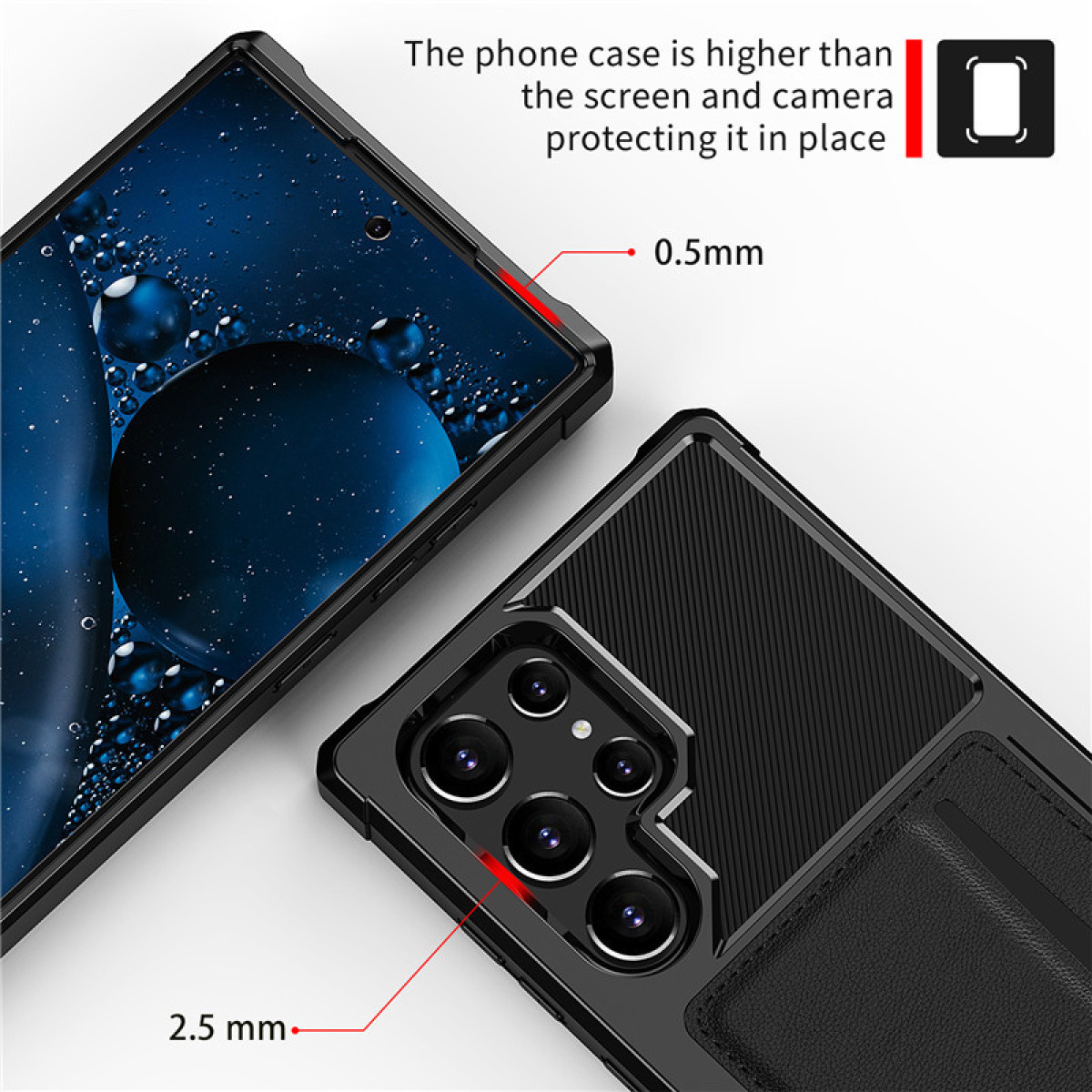 Primo piano di una custodia per telefono con un telefono. Il testo mostra che la custodia protegge schermo e fotocamera.