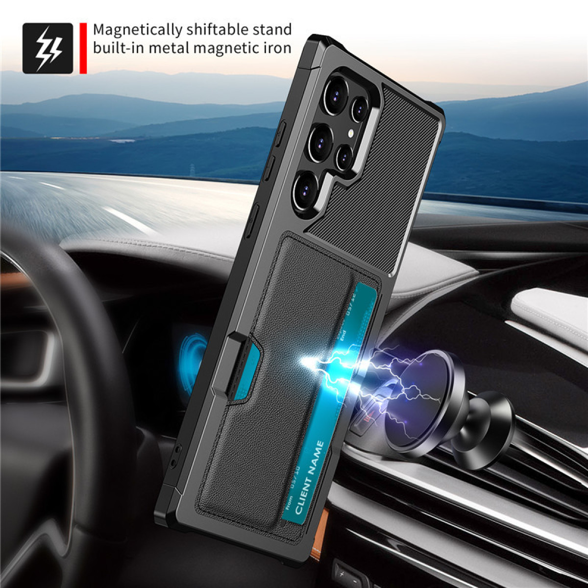 Custodia per telefono nera con portacarte attaccata magneticamente in auto. Sfondo mostra strada e cielo.