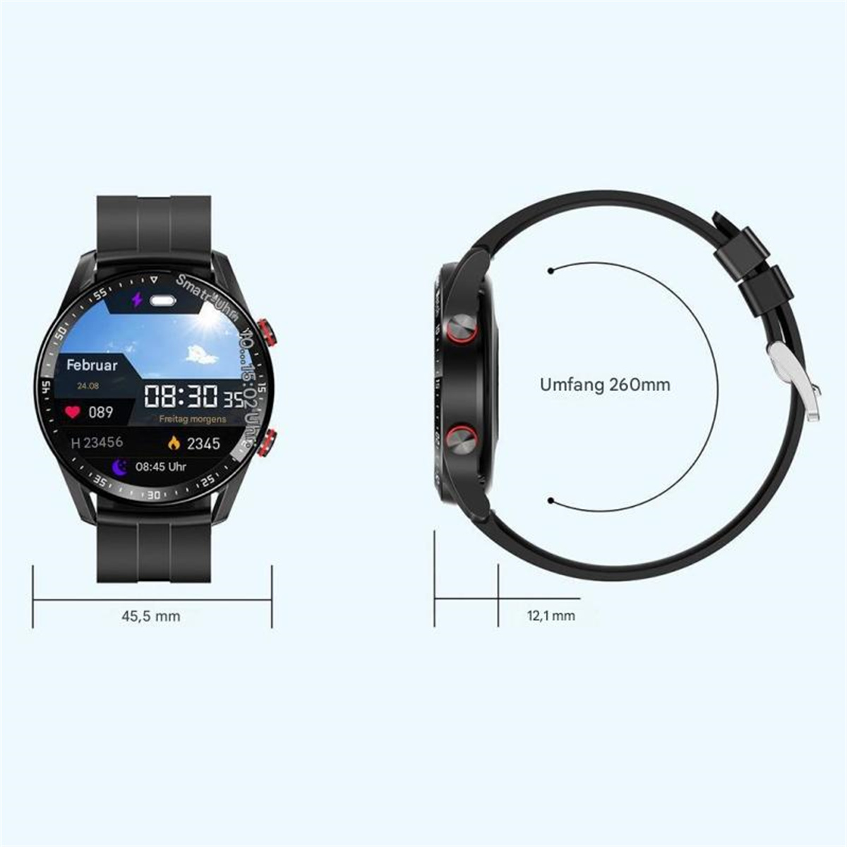 Schwarze Smartwatch mit schwarzem Armband, zeigt Zeit, Datum und Gesundheitsdaten auf dem Bildschirm. Abmessungen werden angezeigt.
