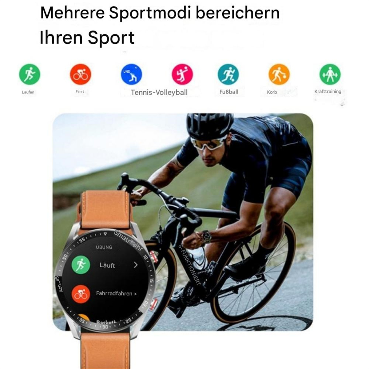 Mann fährt Fahrrad und trägt eine Smartwatch. Verschiedene Sport-Icons sichtbar. Weißer Hintergrund.