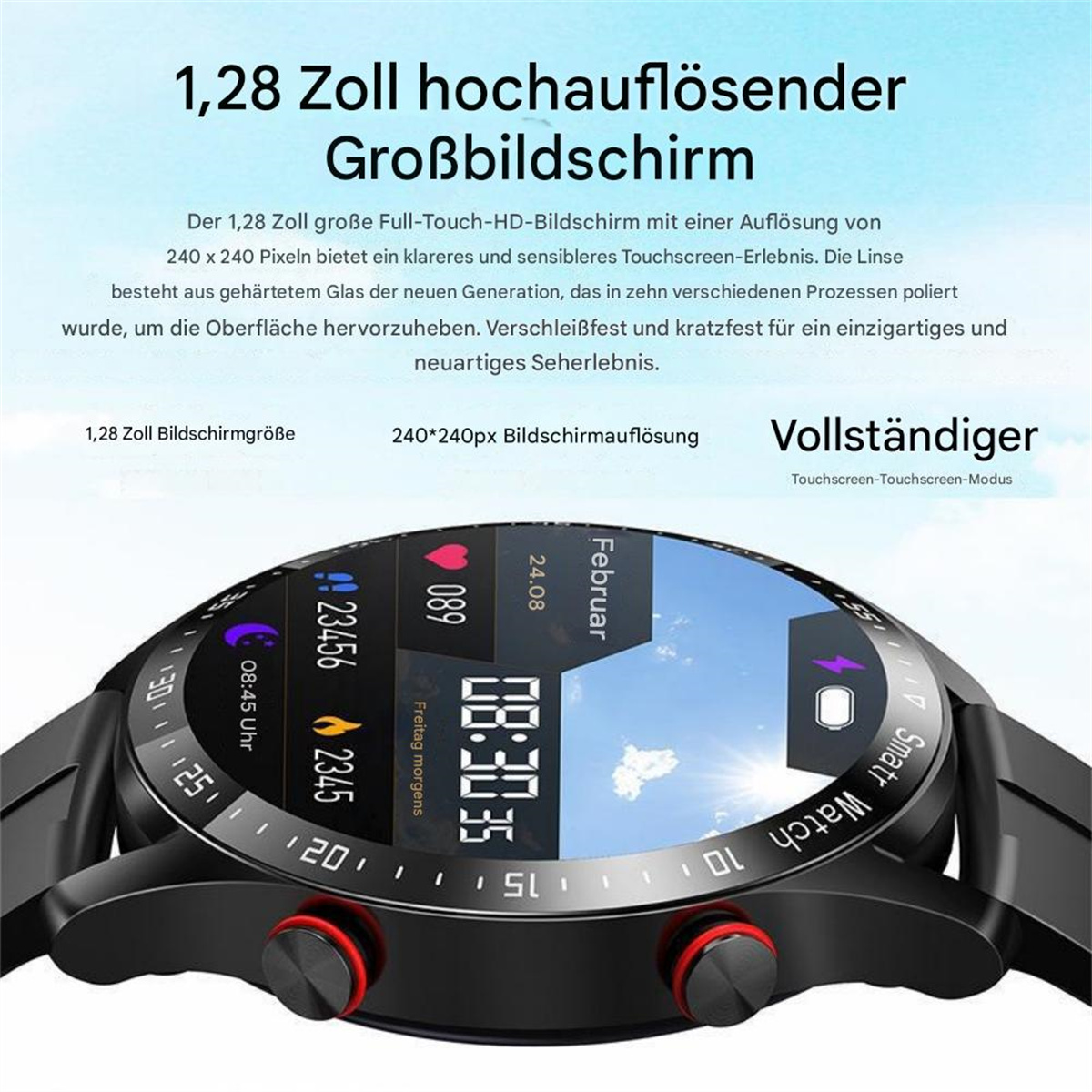 Smartwatch mit schwarzem Armband und roten Knöpfen, zeigt Informationen auf dem Bildschirm. Schwarzer Hintergrund.