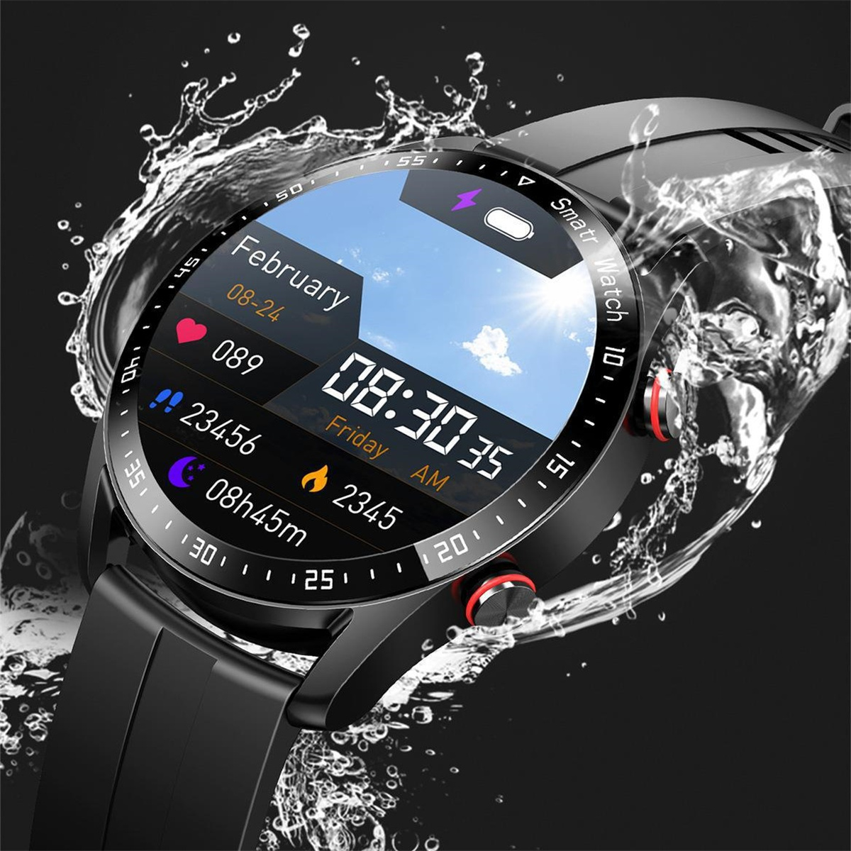 Smartwatch mit Bildschirm, der Datum, Uhrzeit und Aktivitätsstatistiken anzeigt, und Wasserspritzern.