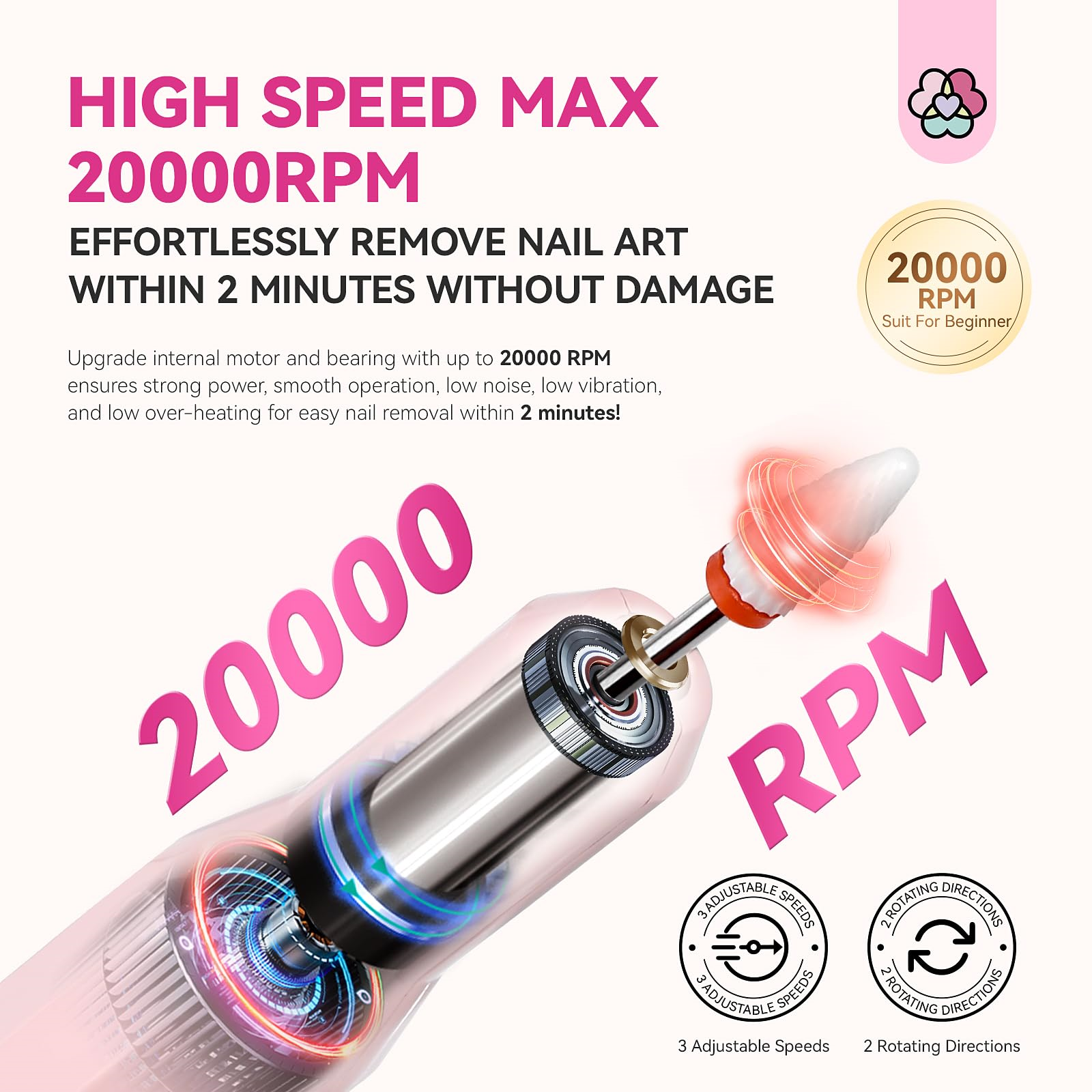 Nahaufnahme eines Nagelkunstwerkzeugs, Betonung von 20000 U/min. Rosa und silbernes Design, einstellbare Geschwindigkeiten.