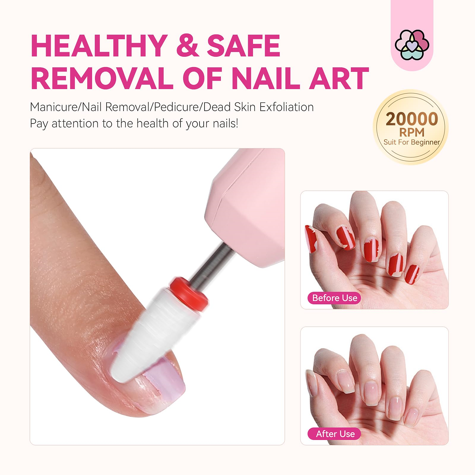 Nahaufnahme eines Nagelbohrers und Hände, die Vorher-Nachher-Nagelkunstentfernung zeigen.