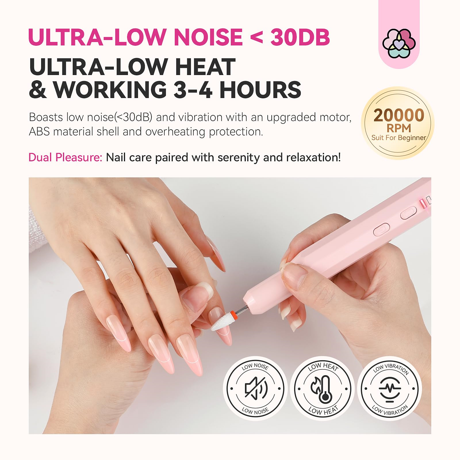 Eine Frau benutzt einen rosa Nagelfräser, mit Text über geringe Geräusche, Hitze und Vibration, mit Symbolen.