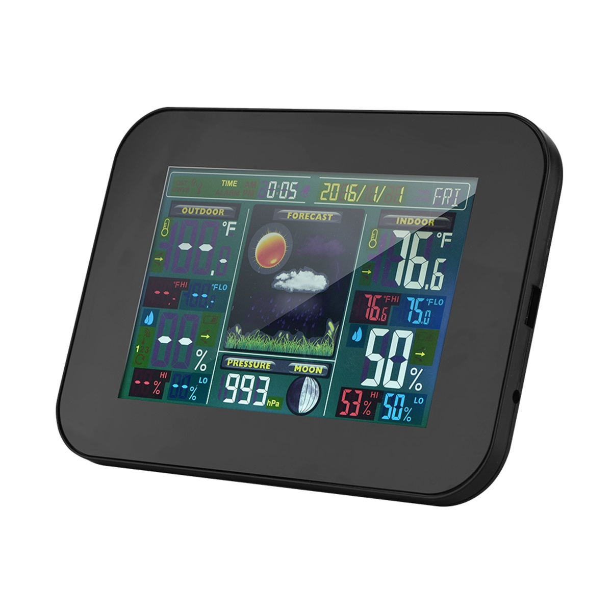Schwarze Wetterstation mit Digitalanzeige, zeigt Temperatur, Vorhersage und andere Daten.