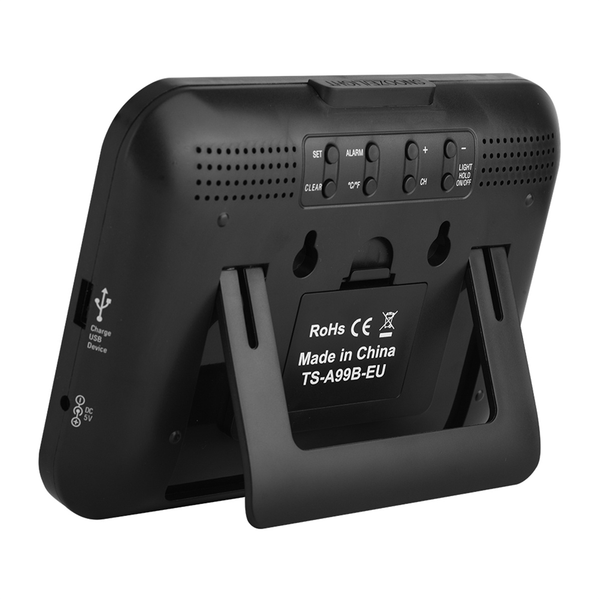 Ein schwarzer digitaler Wecker mit Knöpfen, einem Ständer und einem USB-Anschluss auf der Rückseite.