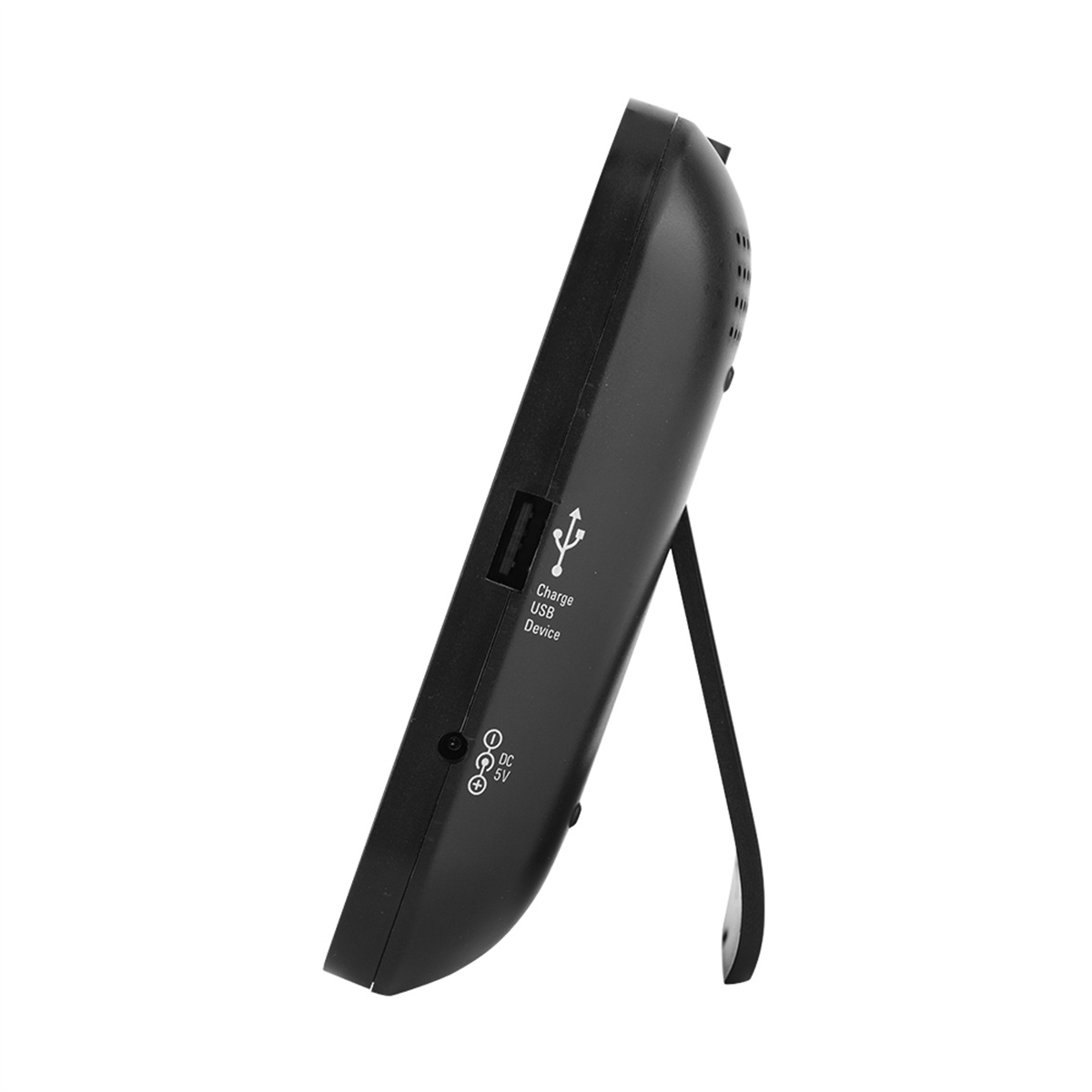 Schwarze Digitaluhr mit Ständer, die Seite mit USB- und DC-Anschlüssen und einem USB-Anschluss zeigend.