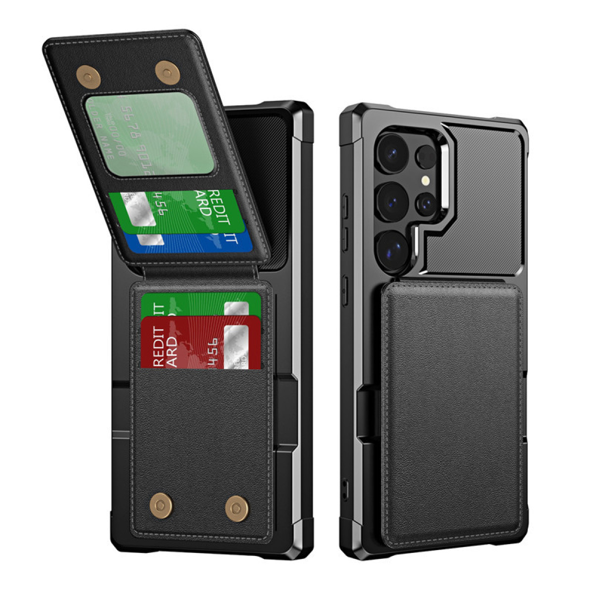 Custodia nera per telefono con scomparti per carte e chiusura magnetica, con carte di credito.