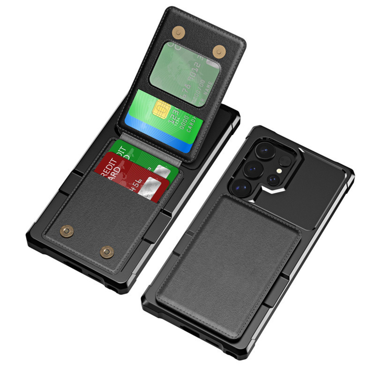 Custodia nera per telefono con slot per carte, con carte di credito. Viste aperte e chiuse.