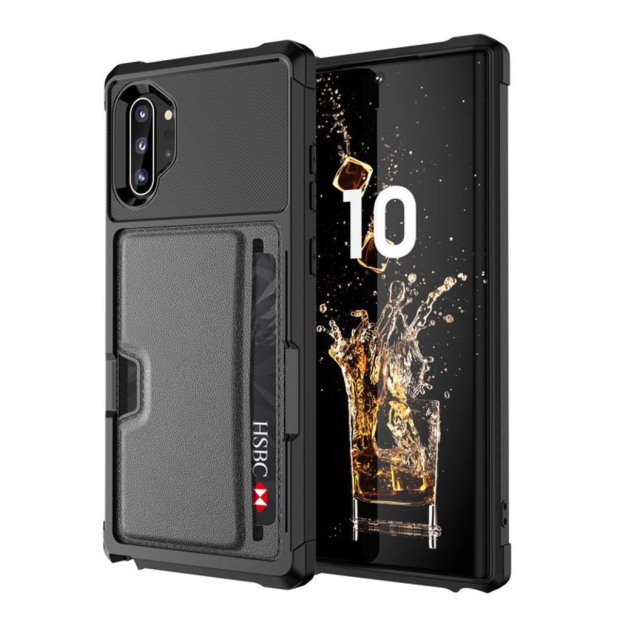 Custodia per telefono nera con porta carte e logo HSBC. Il telefono mostra uno schizzo d'acqua.