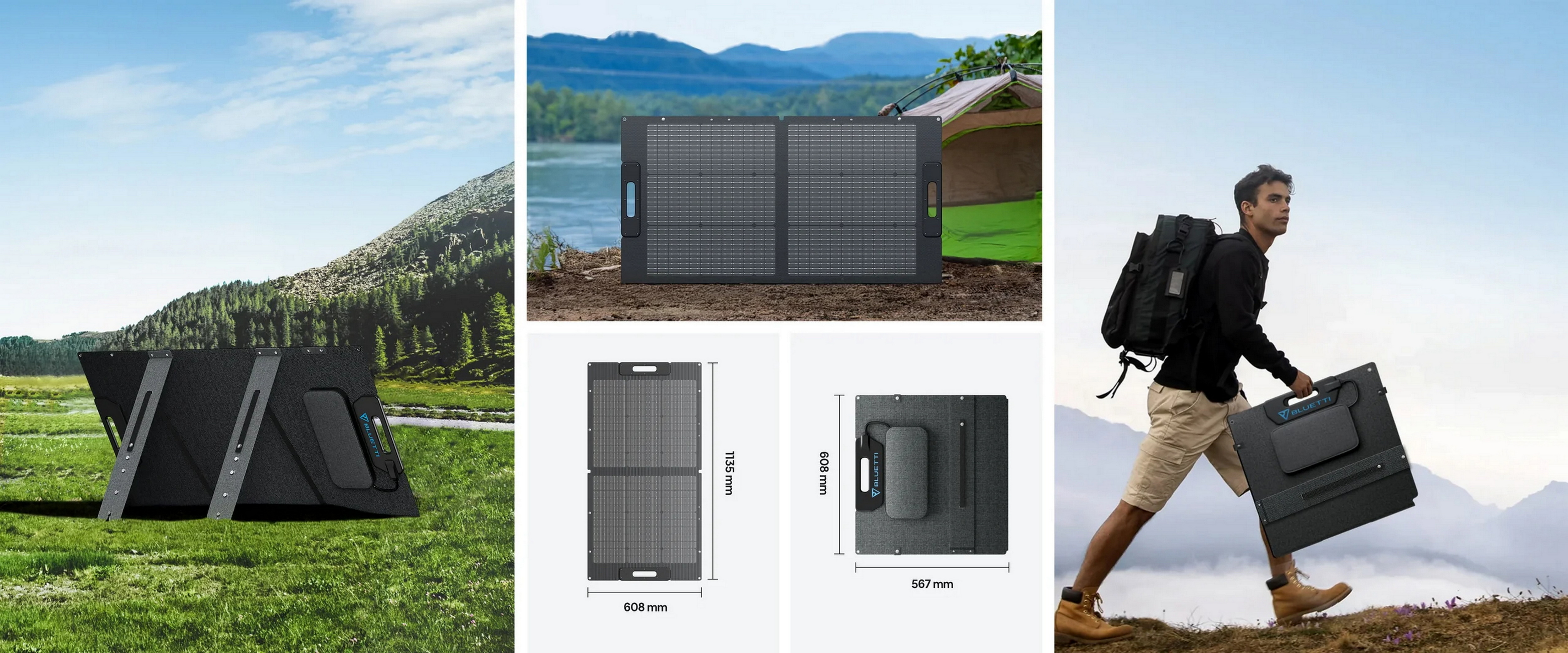 Múltiples imágenes que muestran un panel solar portátil en diferentes entornos y configuraciones.