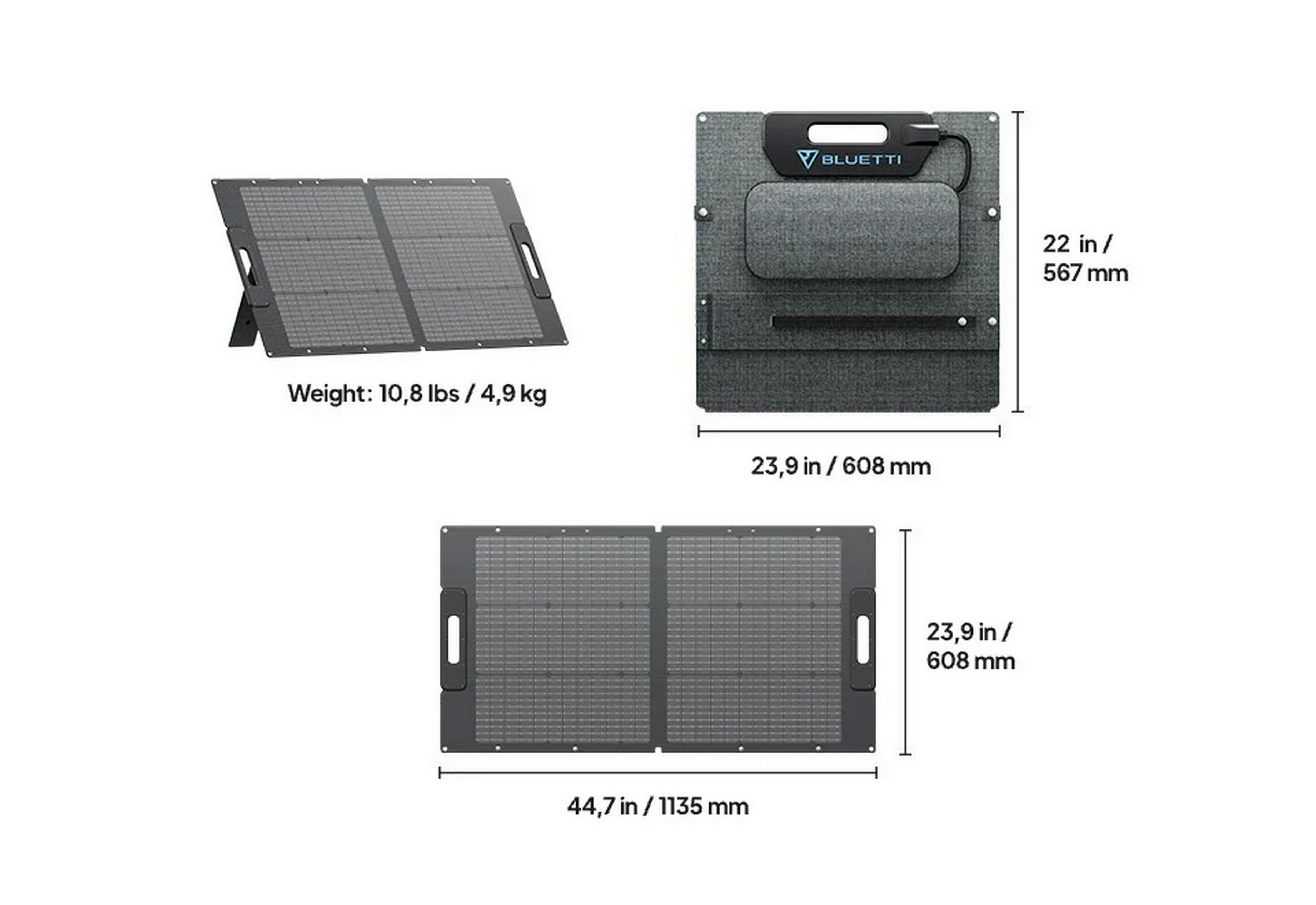 Un panel solar gris plegable con información de dimensiones y peso. Fondo blanco.