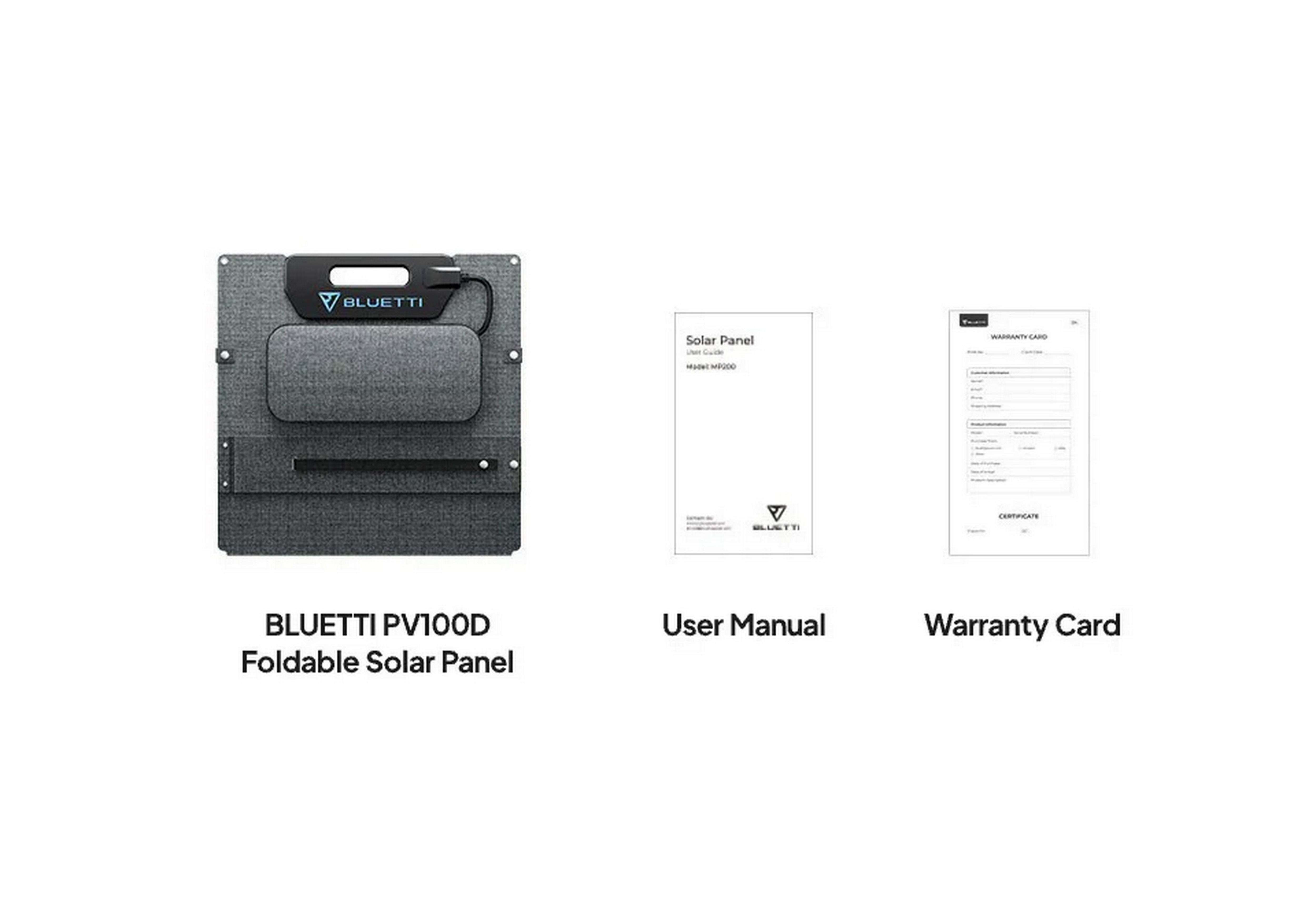 Panel solar plegable Bluetti PV100D, manual de usuario y tarjeta de garantía sobre fondo blanco.