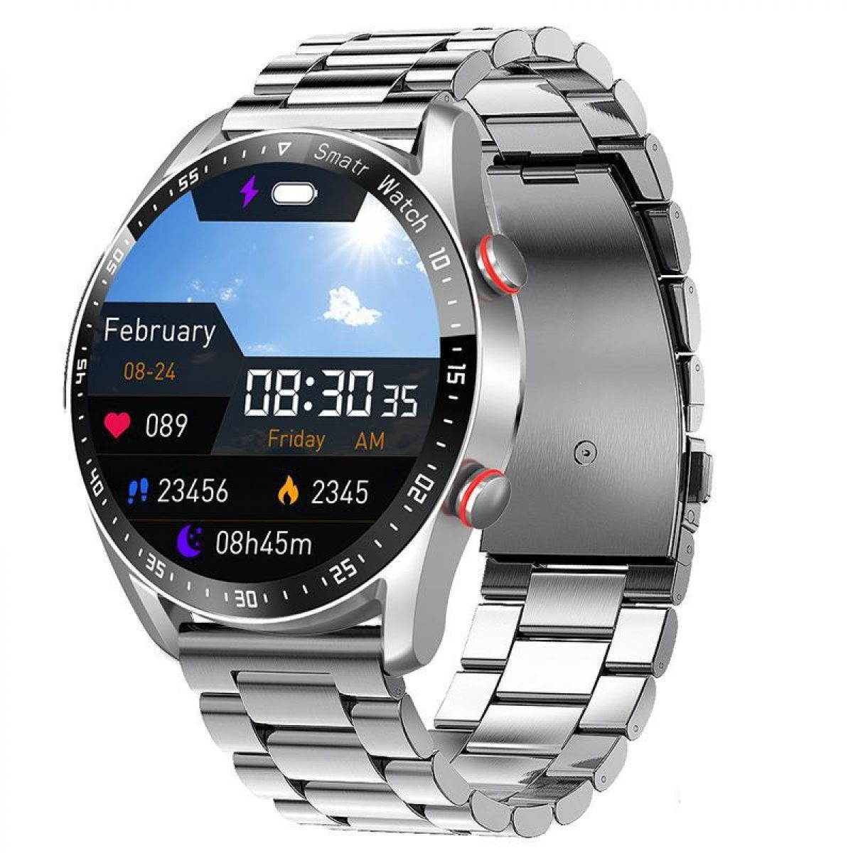 Smartwatch mit silbernem Armband, zeigt Datum, Uhrzeit und Gesundheitsmetriken.