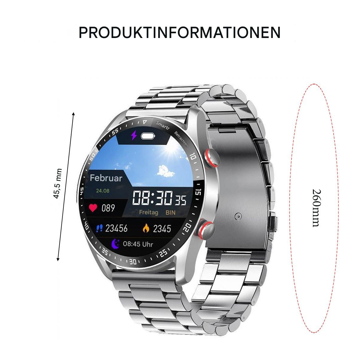 Eine silberne Smartwatch mit schwarzem Bildschirm, der Datum und Uhrzeit anzeigt. Sie hat ein Metallarmband und Abmessungen.