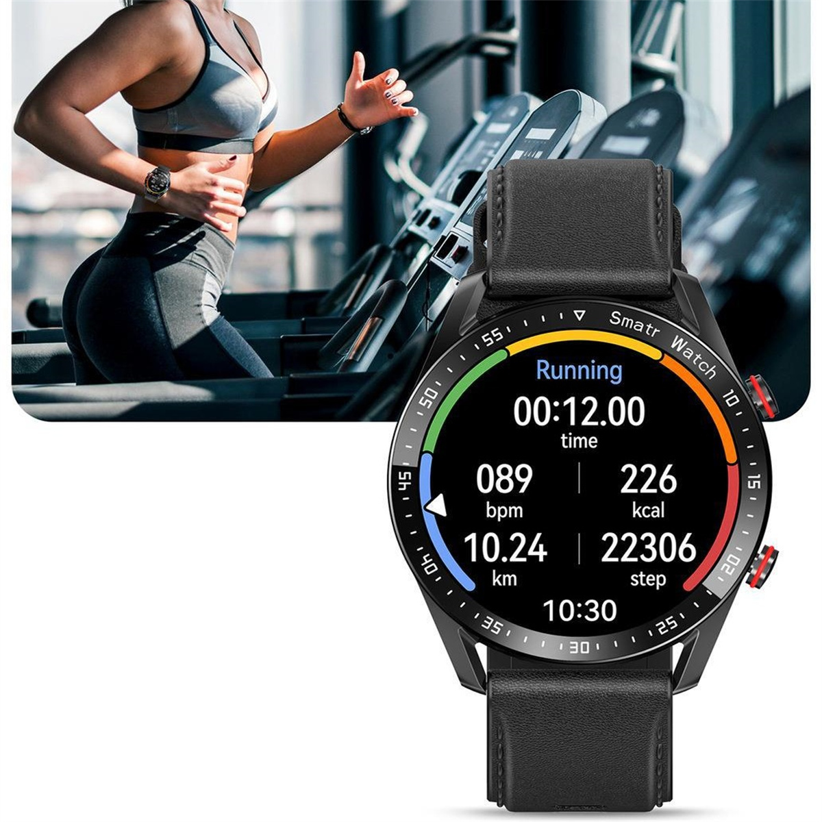 Eine Smartwatch, die Trainingsdaten anzeigt. Im Hintergrund läuft eine Frau auf einem Laufband.