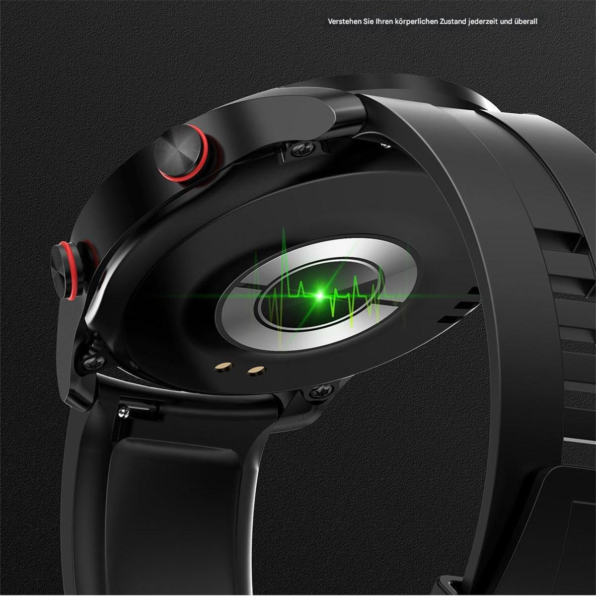 Schwarze Smartwatch, die auf der Rückseite eine grüne Herzfrequenzanzeige zeigt.