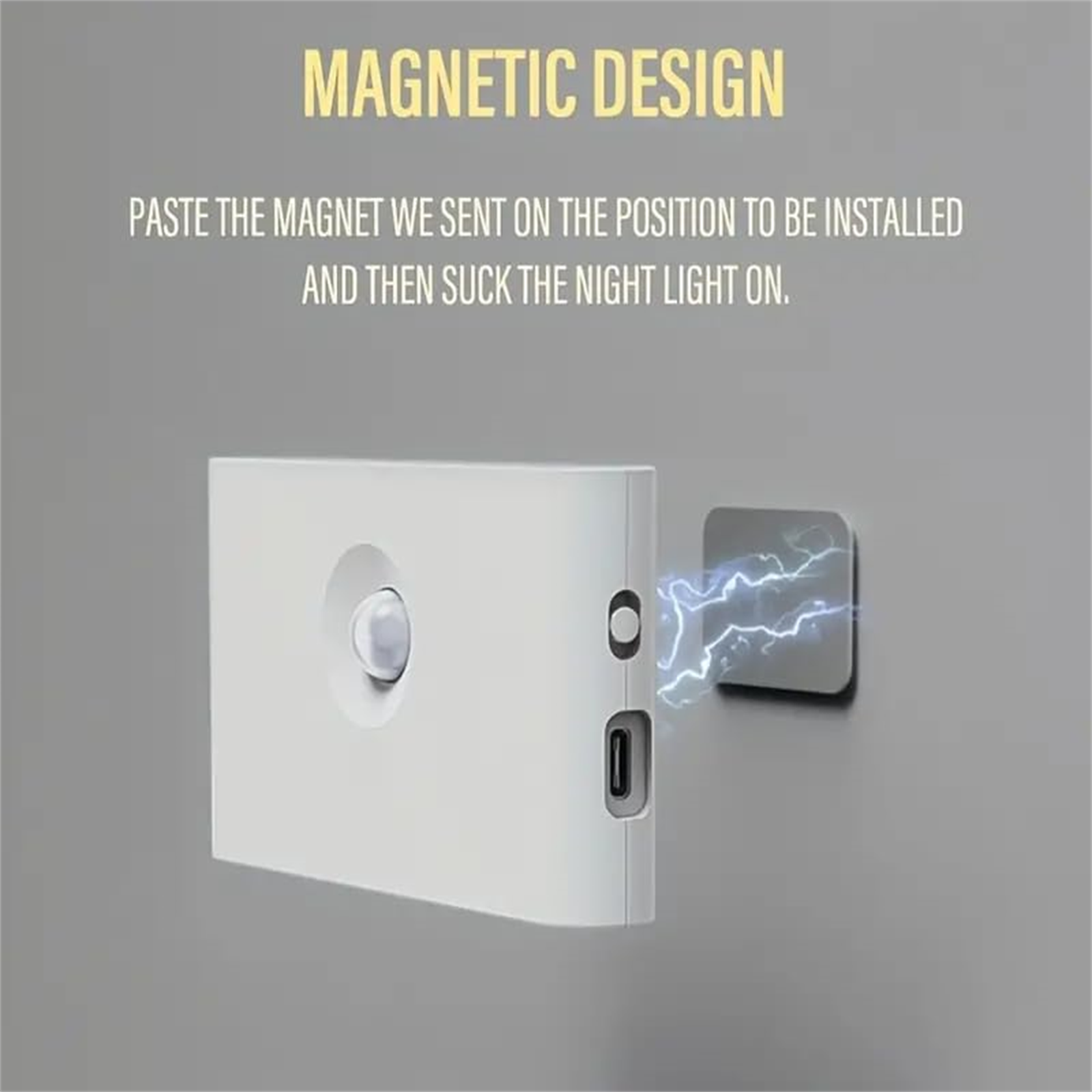 Ein weißes Nachtlicht mit einem kleinen Metallstück an der Wand. Elektrizität funkt zwischen ihnen.