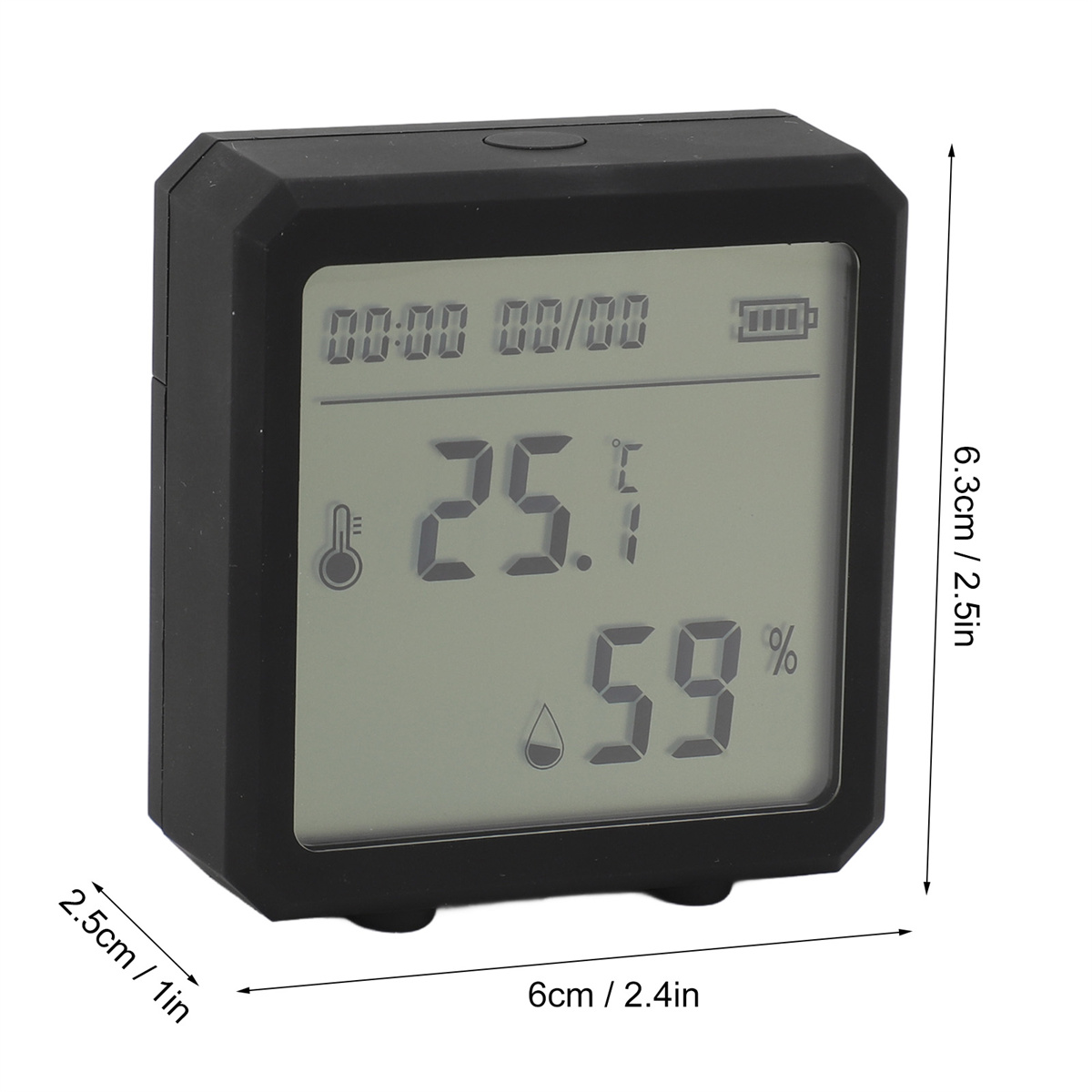 Kleines schwarzes quadratisches Digitalthermometer. Es zeigt Zeit, Temperatur und Luftfeuchtigkeit an.