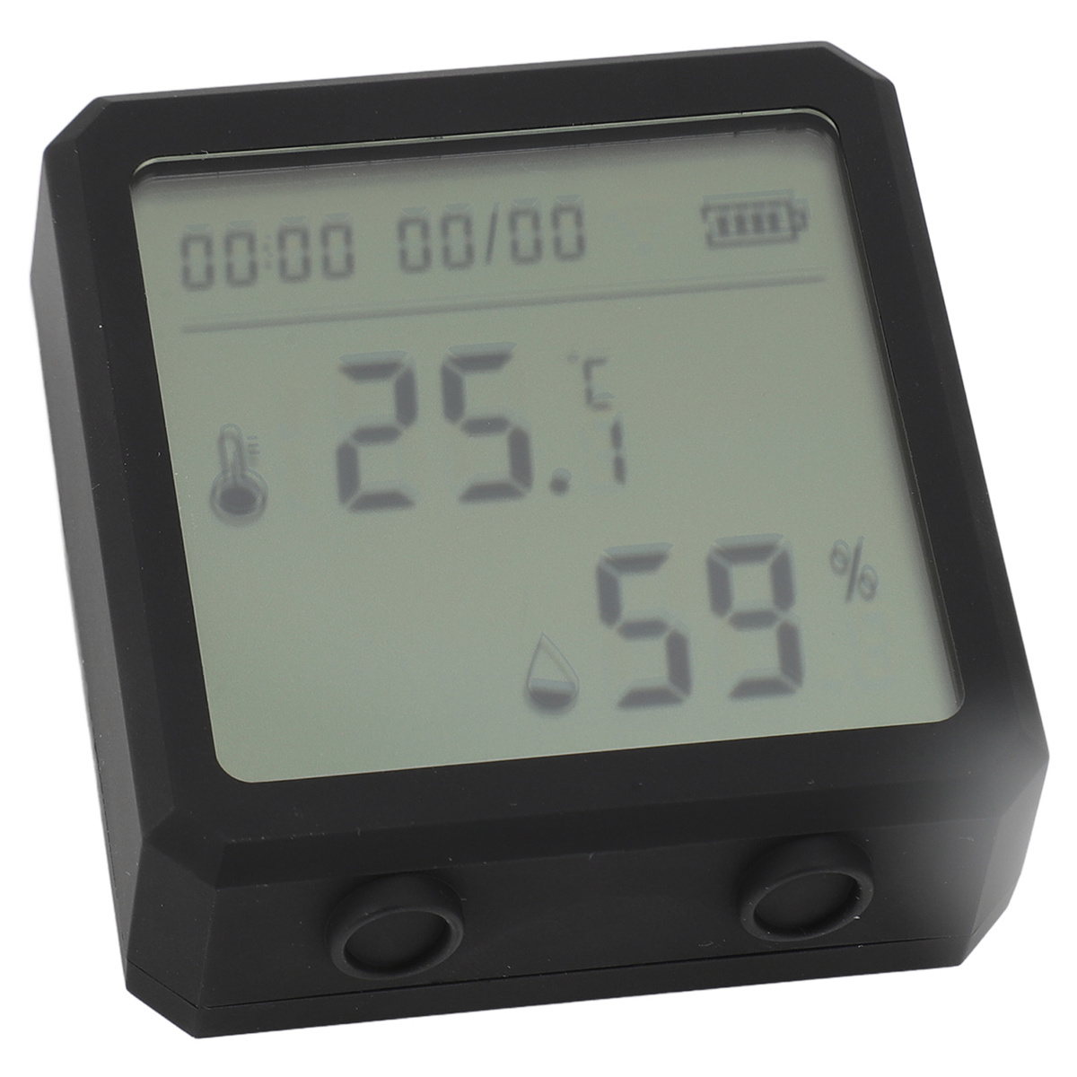 Schwarzes Digitaldisplay mit Zeit, Temperatur und Luftfeuchtigkeit. Schwarzer Rahmen.