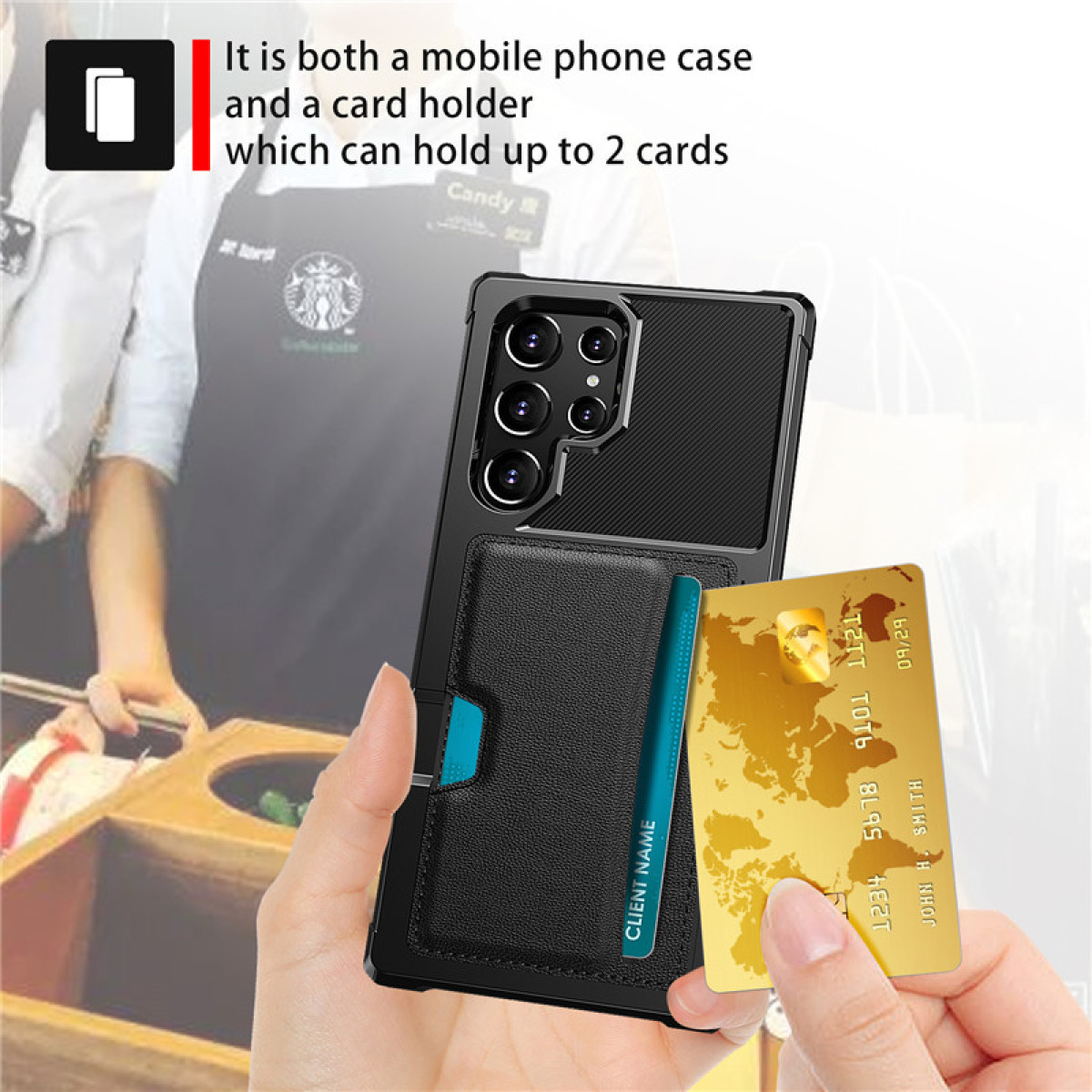 Una custodia per telefono con un porta carte che tiene una carta di credito, tenuta in mano.