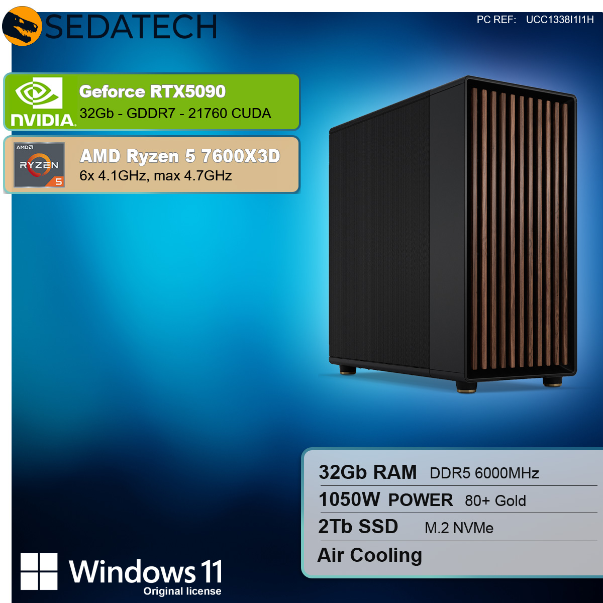 Ein Computergehäuse mit Grafikkarte und CPU-Details, einschließlich Windows 11. Das Gehäuse ist schwarz und braun.