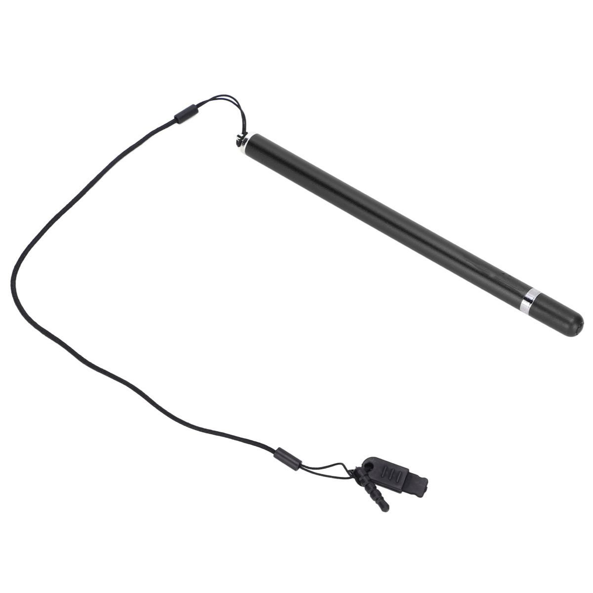 Schwarzer Stift mit schwarzem Kabel, verwendet für Touchscreens oder zum Schreiben.