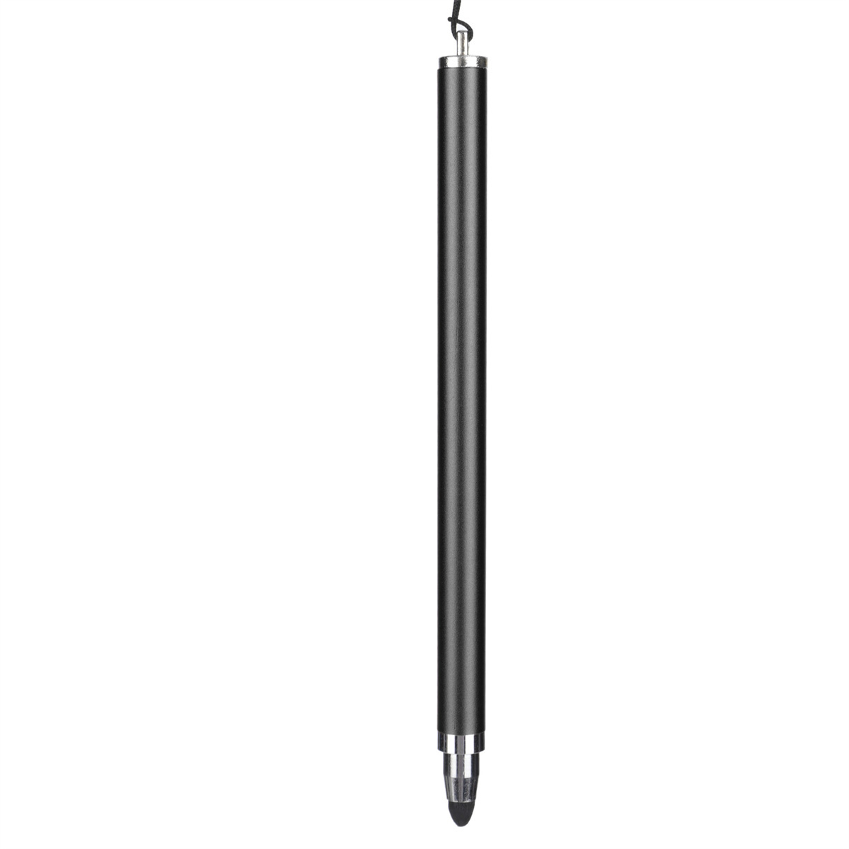 Ein langer, schwarzer Eingabestift mit silberner Spitze, vertikal positioniert.