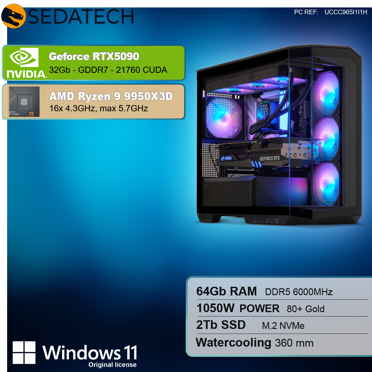 Case PC nero con componenti. Scheda grafica, CPU, RAM e licenza Windows 11 visibili.