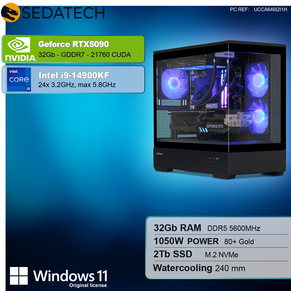 Computer con case nero, luci blu e componenti. Le specifiche includono GPU RTX 5090, Intel i9-14900KF, 32 GB di RAM.