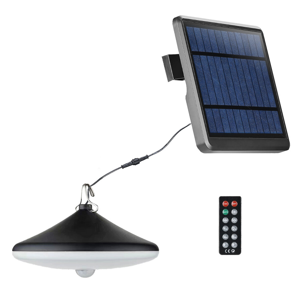 Solarbetriebene Außenlampe mit schwarzem Oberteil und Fernbedienung. Sie steht auf weißem Hintergrund.
