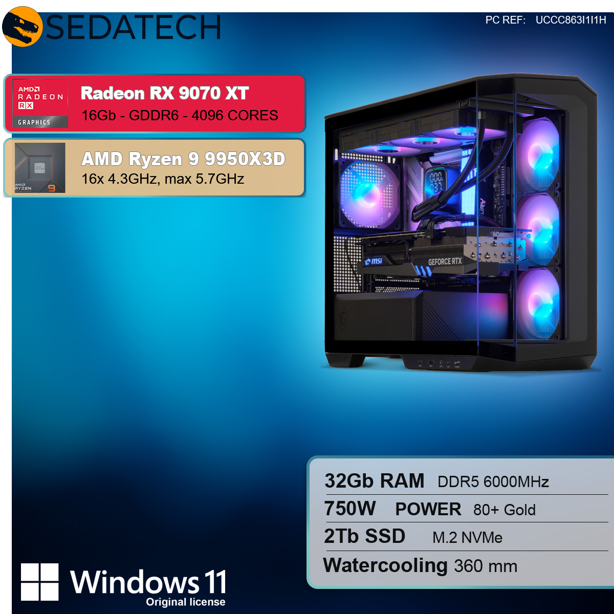 Ein Computerturm mit Komponenten, eine Spezifikationsliste und Radeon- und AMD Ryzen-Branding.